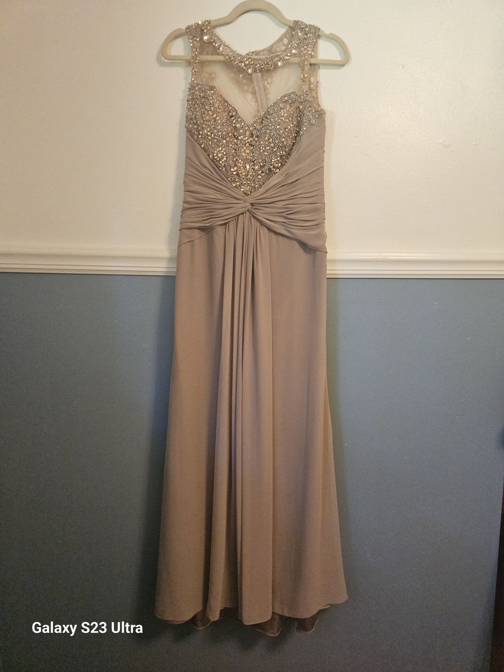 Montage by Mon Cheri Taupe Beaded Illusion Prom Gown